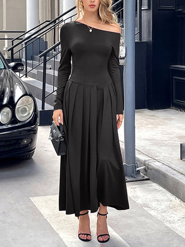 1731813 High Waisted Long Sleeves Pleated Solid Color Split-Front One-Shoulder Maxi Dresses