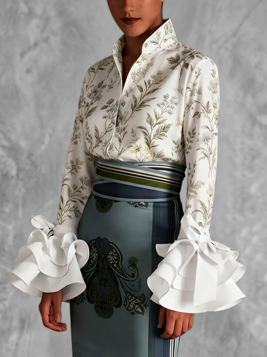 1782506 Long Sleeves Ruffle Sleeves Buttoned Flower Print Lapel Blouses&Shirts Tops