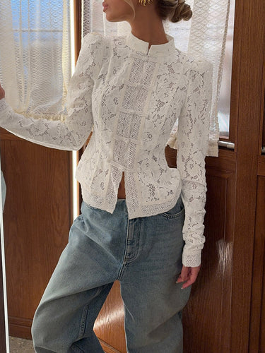 1748741 Long Sleeves Crochet Hollow Knot Solid Color Split-Joint Stand Collar Blouses&Shirts Tops