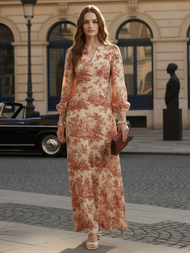 1754566 Elasticated Waist High Waisted Contrast Color Pleated Printed Split-Joint V-Neck Maxi Dresses