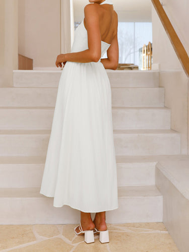 1772560 A-Line High Waisted Backless Pleated Pockets Solid Color Split-Joint Halter-Neck Midi Dresses