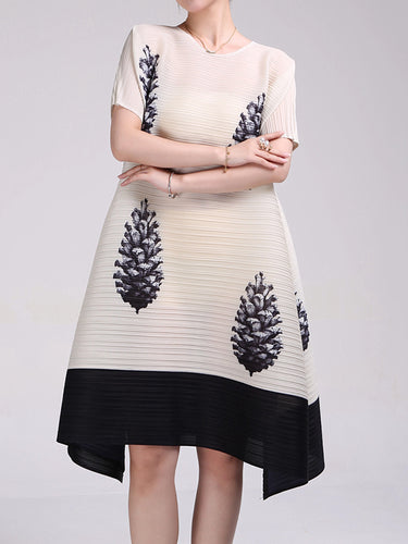 Vestidos midi de cuello redondo plisado con estampado de flores sueltos