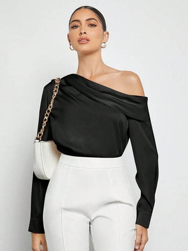 1728974 Long Sleeves Skinny Pleated Solid Color Split-Joint One-Shoulder Blouses&Shirts Tops