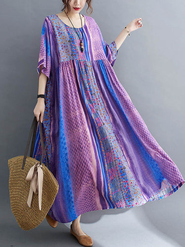 Abito midi stampato a strisce laterale vintage a strisce laterale