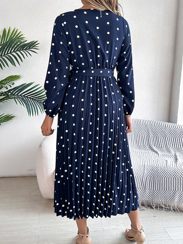 1756159 High Waisted Long Sleeves Pleated Polka Dot Tied Waist V-Neck Maxi Dresses Shirt Dress