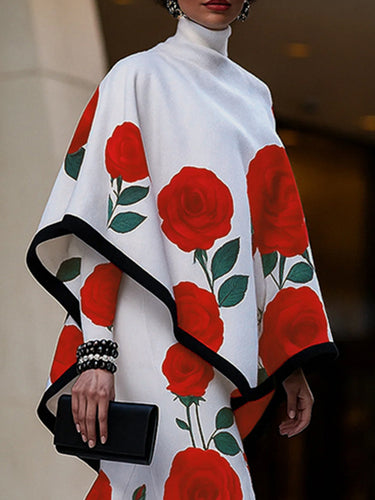 Long Sleeves Loose Flower Print High Neck 1 Piece Cape