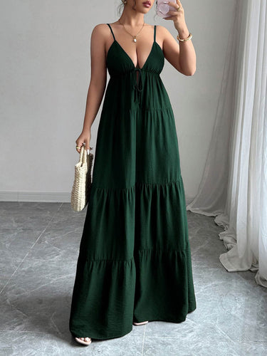 1766179 A-Line Sleeveless Backless Drawstring Pleated Solid Color Spaghetti-Neck Maxi Dresses