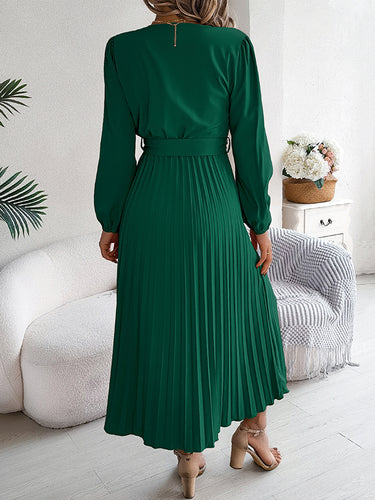 1713853 High Waisted Long Sleeves Belted Buttoned Pleated Solid Color V-Neck Maxi Dresses