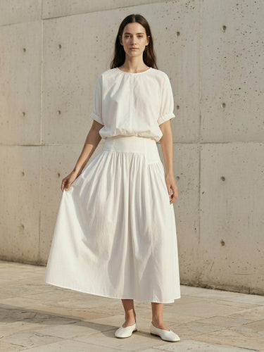 1757750 Loose Short Sleeves Pleated Solid Color Round-Neck T-Shirts Tops