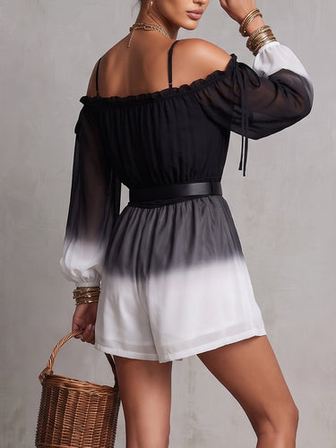 1785477 Long Sleeves Puff Sleeves Backless Contrast Color Gradient No Belt Ruffle Trim See-Through Spaghetti-Neck Jumpsuits