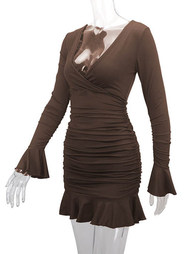 1726376 Bodycon Elasticated Waist Pleated Ruffled Solid Color Split-Joint V-Neck Midi Dresses