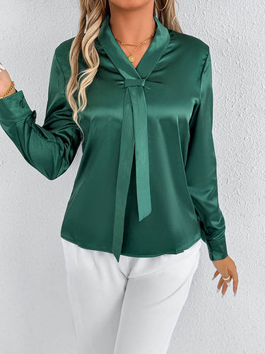1728969 Long Sleeves Loose Solid Color Split-Joint Streamer Scarf Collar Blouses&Shirts Tops