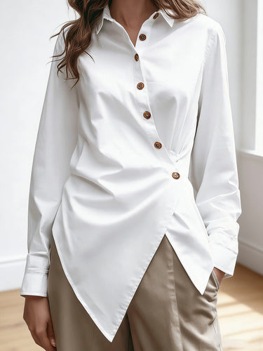Long Sleeves Loose Asymmetric Buttoned Solid Color Split-Front Lapel Blouses&Shirts Tops