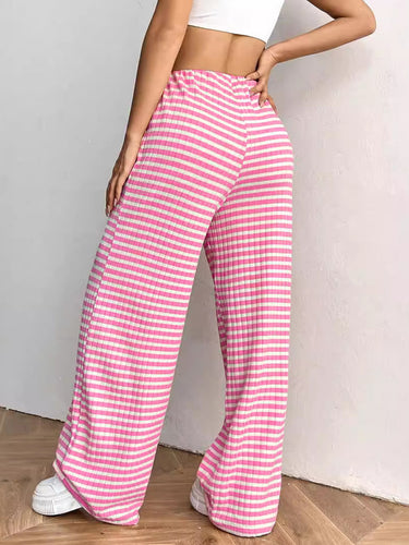 1751384 Elasticated Waist High Waisted Contrast Color Drawstring Split-Joint Striped Pants