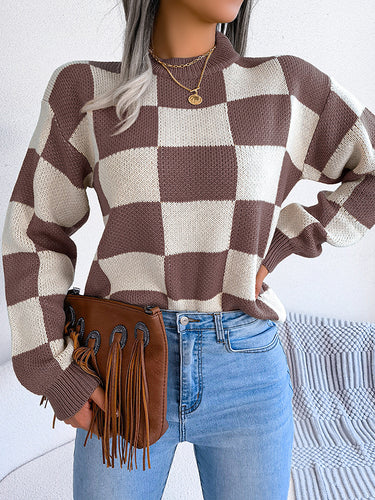 1713690 Long Sleeves Loose Contrast Color Plaid Round-Neck Sweater Tops