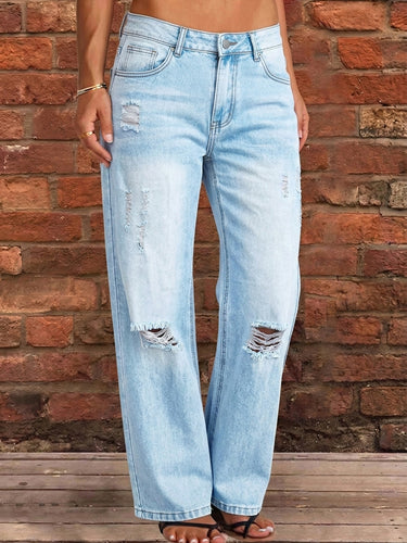 1781293 High Waisted Wide Leg Buttoned Hollow Pockets Split-Joint Jean Pants Bottoms