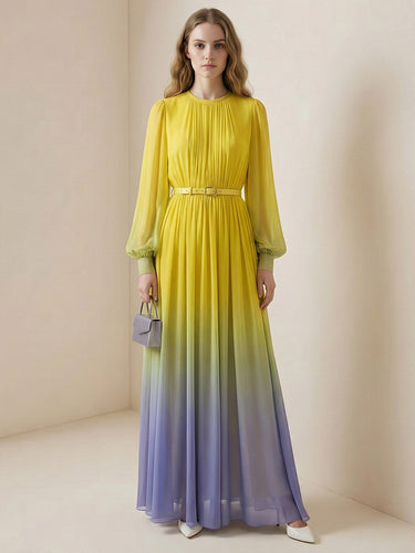 1745599 High Waisted Long Sleeves Belted Contrast Color Gradient Pleated Split-Joint Round-Neck Maxi Dresses