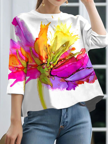 Maniche a tre quarti sciolte a contrasto con stampa fiore tops a collo rotondo