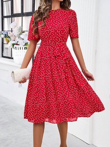 1746082 A-Line Elasticated Waist Contrast Color Polka Dot Split-Joint Tied Waist Round-Neck Midi Dresses
