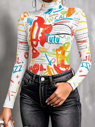 Printed Letter Print Contrast Color Skinny Long Sleeves Mock Neck T-Shirts Tops