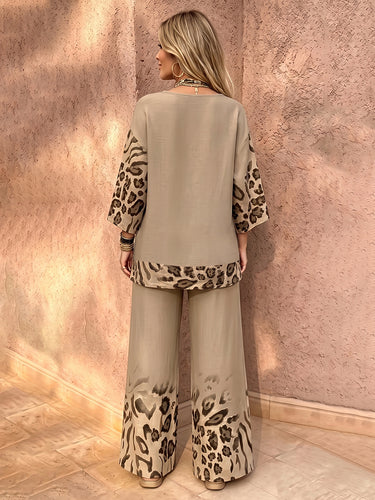 Loose Contrast Color Leopard Split-Joint Round-Neck Blouses&Shirts Tops + Elasticity High Waisted Pockets Pants Trousers Two Pieces Set