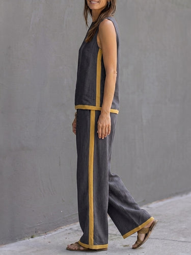 Contrastkleurige broek met hoge taille + mouwloze top met ronde hals, tweedelige set