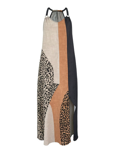 Loose Sleeveless Asymmetric Contrast Color Leopard Pockets Split-Joint Halter-Neck Maxi Dresses