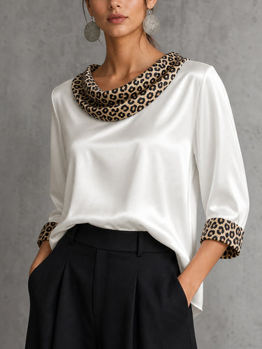 Split-Joint Leopard Contrast Color Three-quarter Sleeves Loose Heaps Collar Blouses&shirts Tops