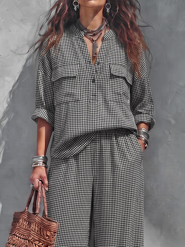 Pockets Plaid Contrast Color Buttoned Three-quarter Sleeves Loose V-neck Blouses&shirts Tops