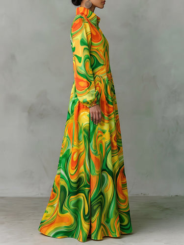 Printed Pockets Pleated Contrast Color Loose Long Sleeves Stand Collar Maxi Dresses