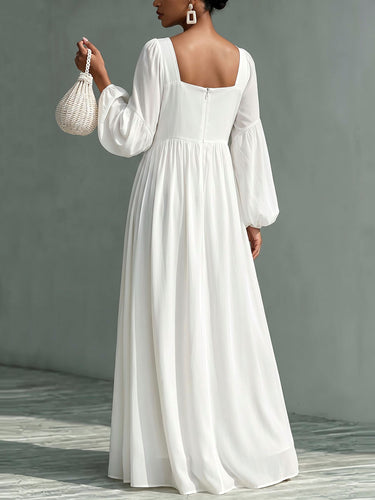 Zipper Split-Joint Solid Color Elasticity Backless Puff Sleeves Loose Square-neck Maxi Dresses