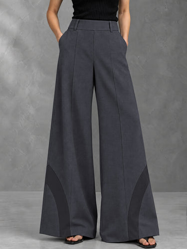 Split-Joint Pockets Elasticity Contrast Color Wide Leg High Waisted Trousers Pants