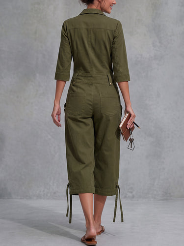 Zipper Tiered Solid Color Pockets Buttoned Three-quarter Sleeves Lapel Jumpsuits