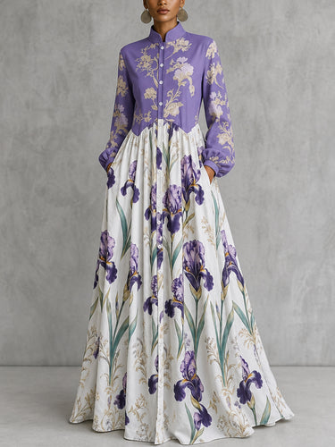Split-Joint Ruched Pockets Flower Print Contrast Color Buttoned Loose Long Sleeves Stand Collar Maxi Dresses
