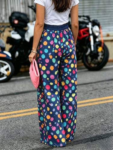 Pantalones de lunares con bolsillos elásticos de color en contraste de pierna ancha de talle alto Pantalones