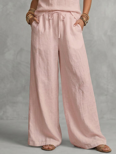 Loose Wide Leg Elasticity Pockets Solid Color Tied Pants Trousers