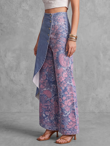 High Waisted Irregularity Buttoned Contrast Color Flower Print Pockets Split-Joint Jean Pants Bottoms