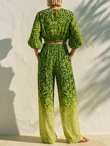 High Waisted Wide Leg Contrast Color Elasticity Leopard Pockets Printed Pants Trousers