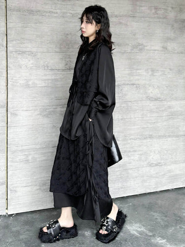 1726281 Solid Color Split-Joint Asymmetric Drawstring Flower Print   False Two Lapel Buttoned Pockets Blouses&Shirts Tops + Elasticated Waist Double Layered Skirts Bottoms Two Pieces Set