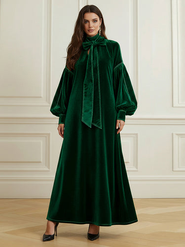 1725361 A-Line Long Sleeves Bow-Embellished Pleated Solid Color Split-Joint High Neck Maxi Dresses