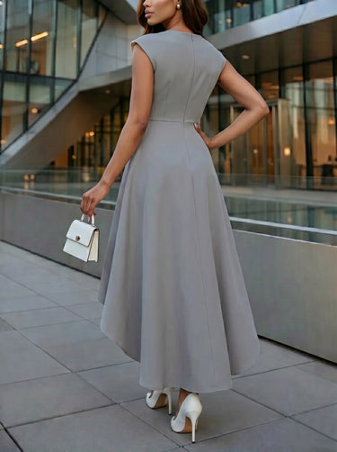 1784636 A-Line High Waisted Buttoned Contrast Color Split-Joint Zipper Round-Neck Maxi Dresses