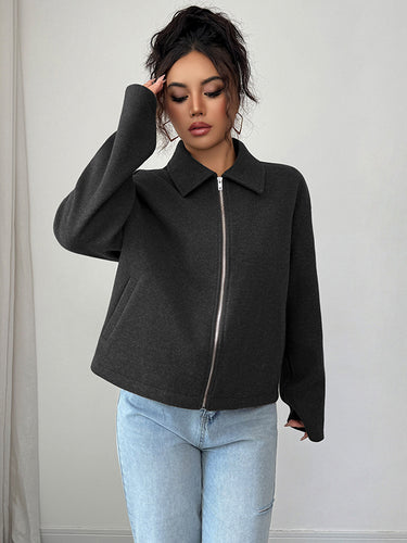 1721788 Long Sleeves Loose Solid Color Zipper Lapel Outerwear