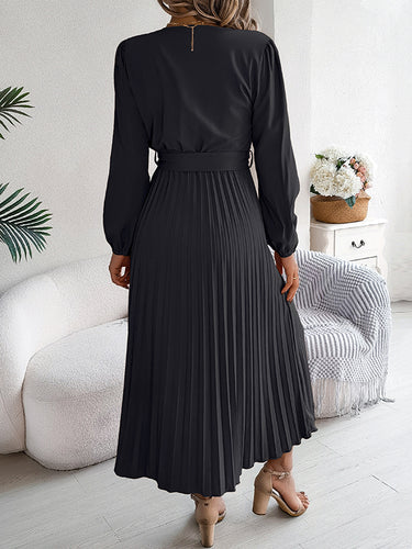 1713865 High Waisted Long Sleeves Belted Buttoned Pleated Solid Color V-Neck Maxi Dresses