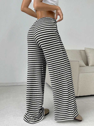 1751340 Elasticated Waist High Waisted Contrast Color Drawstring Split-Joint Striped Pants