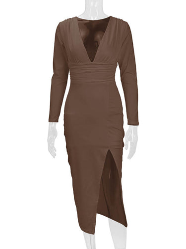 1726409 Bodycon Elasticated Waist Pleated Solid Color Split-Joint Split-Side Deep V-Neck Midi Dresses