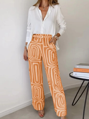 1782294 Long Sleeves Buttoned Solid Color Lapel Blouses&Shirts Tops + High Waisted Pockets Printed Pants Two Pieces Set