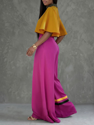 High Waisted Wide Leg Buttoned Contrast Color Pockets Pants Trousers