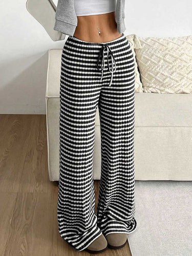 1751346 Elasticated Waist High Waisted Contrast Color Drawstring Split-Joint Striped Pants