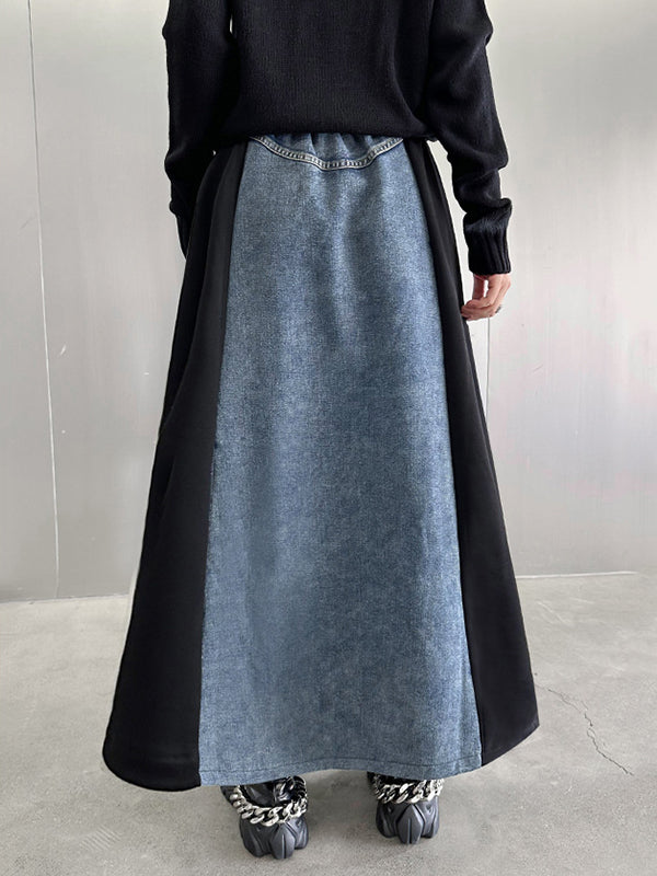 Contrast Color Pleated Split-Joint A-Line Loose Skirts Bottoms
