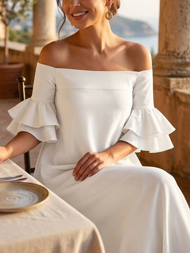 1765345 Half Sleeves Loose Solid Color Off-The-Shoulder Maxi Dresses